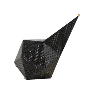 A geometric-shaped Bagdad Lamp with a perforated metal shade, resembling a cubist construction with a pyramidal 'tail'.