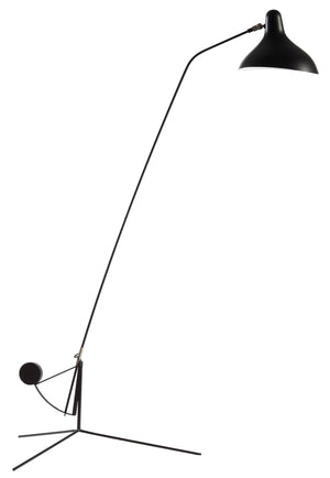 A minimalist black floor lamp with a tripod base and an arched neck ending in a conical shade, shown against a plain white background.