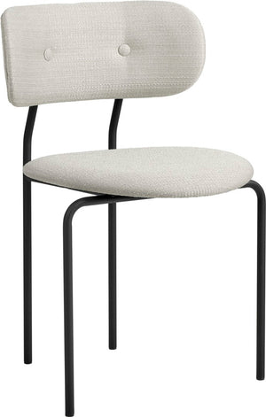 Chair with white cushioned seat and backrest on a black frame against a white background