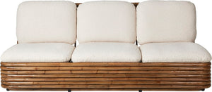 Three-seater outdoor sofa with white cushions and wooden frame on a white background