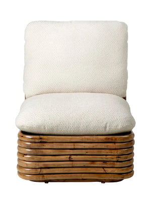Chair with white cushioned backrest and seat on a wooden base