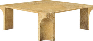 A square stone coffee table with a warm beige and brown travertine-like surface and sculptural curved legs, shown on a plain white background.