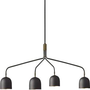 Modern pendant light with four black lampshades on a white background