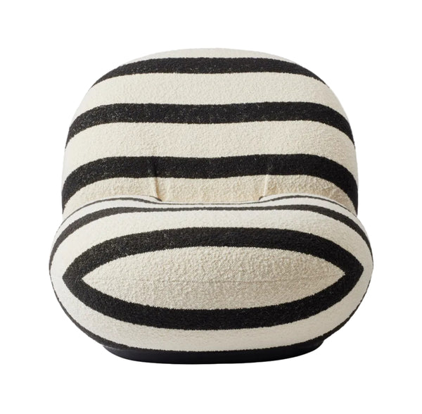 A round, low-profile upholstered ottoman or floor cushion with a textured fabric, featuring bold horizontal black stripes on an off-white background.