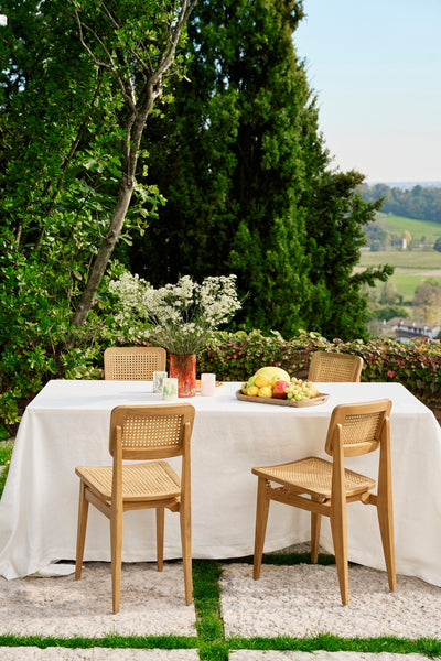 Outdoor dining setup with a table, chairs, and a scenic background.