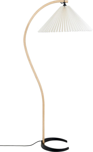 A modern floor lamp with a curved natural wood arched stand, a white pleated conical shade, and a black circular base, shown against a plain white background.