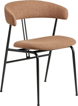 A modern dining chair with a curved backrest and seat upholstered in a textured tan bouclé fabric, supported by a slim black metal frame, shown against a plain white background.