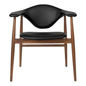 Chair with black leather seat and backrest on a wooden frame against a white background