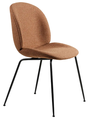 A modern dining chair with a rounded, upholstered seat and backrest in a textured brown fabric, supported by slim black metal legs, shown against a plain white background.