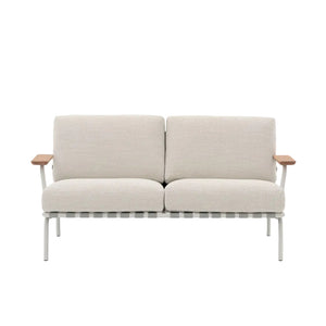 A modern two-seat sofa with light beige textured cushions, light wood armrests, and a thin metal frame, shown against a plain white background.