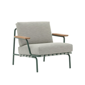 Modern armchair with light gray cushion and wooden armrests on a white background