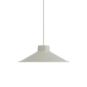 A minimalist pendant light with a wide, shallow conical shade in a warm off-white finish, suspended by a matching cord against a solid white background.
