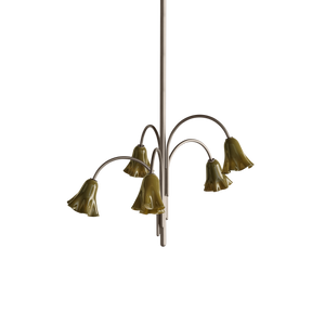 A modern multi-light linear chandelier with curved silver-toned metal arms and olive green bell-shaped glass shades, suspended against a plain white background.