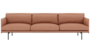 A modern leather sofa with a minimalistic design featuring three seat units, sleek legs, and a streamlined shape.
