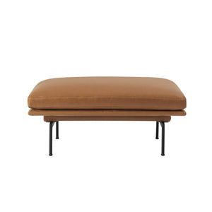 A rectangular ottoman with a brown fabric upholstery, featuring powder coated aluminium legs and a combination of wood and steel construction.